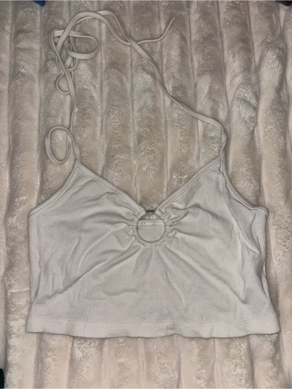 Forever 21 White Ribbed Halter Crop Top with Front Ring